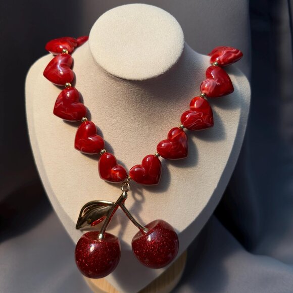 Jewelry - Cherry Necklace Red Heart Bead Statement Necklace Gold Tone Drop
